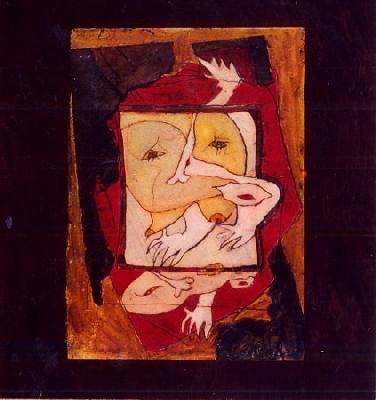 <b>Délire2</b><br>24x26cm (9.45x10.24 in)<br>Huile et collage / papier / bois<br>Oil and bonding / paper / wood<br><br>$Vendu<br>1994/2