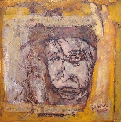 <b>Tragédie</b><br>20x20cm (7.87x7.87 in)<br>Huile et collage / toile<br>Oil and bonding / canvas<br><br>$200<br>2005
