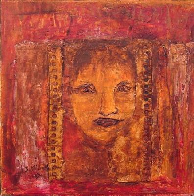 <b>Enfant à la persienne</b><br>20x20cm (7.87x7.87 in)<br>Huile et collage / toile<br>Oil and bonding / canvas<br><br>$200<br>2005