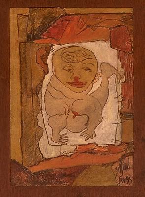 <b>Allantoïde</b><br>24x26cm (9.45x10.24 in)<br>Huile et collage / papier / bois<br>Oil and bonding / paper / wood<br><br>$250<br>1995/2