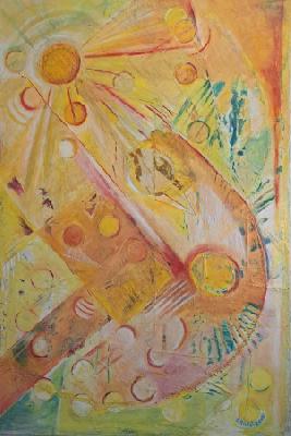 <b>Des soleils plein la tête No 1</b><br>60.96x91.44cm (24.00x36.00 in)<br>Acrylique et divers médiums<br>Acrylic and various mediums<br><br>$700<br>2022