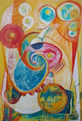 <b>Des soleils plein la tête No 2</b><br>60.96x91.44cm (24.00x36.00 in)<br>Acrylique et divers médiums<br>Acrylic and various mediums<br><br>$700<br>2025/8