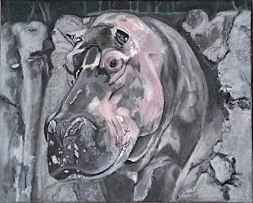<b>Fiona l'hippopotame</b><br>50.5x41cm (19.88x16.14 in)<br>Technique mixte et acrylique sur toile<br>Mixed technique and acrylic on canvas<br><br>$Vendu<br>2021/1