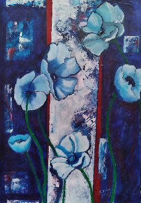 <b>Fleurs bleues</b><br>45.5x60.96cm (17.91x24.00 in)<br>Technique mixte acrylique sur papier<br>Mixed technique acrylic on paper<br><br>$450<br>2019/6