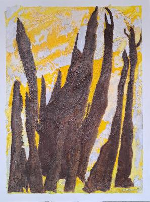 <b>Silhouettes ardentes</b><br>45.72x60.96cm (18.00x24.00 in)<br>Technique mixte et matériaux composites<br>Mixed technique and composite materials<br><br>$500<br>2026/3/29