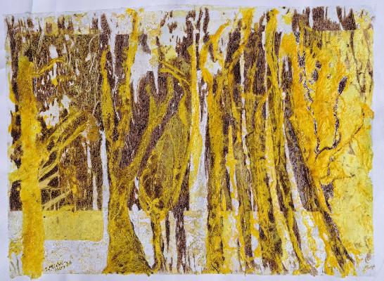 <b>Veines d'or et d'hyphes</b><br>45.72x60.96cm (18.00x24.00 in)<br>Technique mixte et matériaux composites<br>Mixed technique and composite materials<br><br>$500<br>2026/3/29