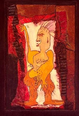 <b>Hugh </b><br>26x30cm (10.24x11.81 in)<br>Huile et collage / papier / bois<br>Oil and bonding / paper / wood<br><br>$250<br>1995/8