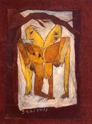 <b>Les jus-maux</b><br>26x30cm (10.24x11.81 in)<br>Huile et collage / papier / bois<br>Oil and bonding / paper / wood<br><br>$250<br>1995/2
