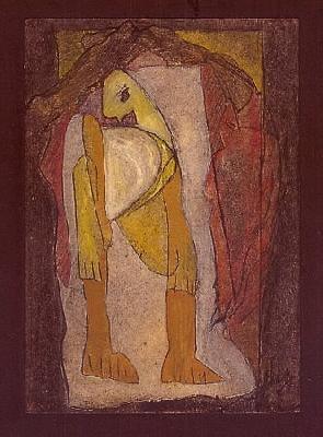 <b>Châtré</b><br>24x26cm (9.45x10.24 in)<br>Huile et collage / papier / bois<br>Oil and bonding / paper / wood<br><br>$250<br>1994