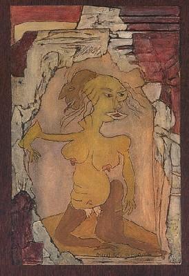 <b>Bicephale</b><br>26x30cm (10.24x11.81 in)<br>Huile et collage / papier / bois<br>Oil and bonding / paper / wood<br><br>$250<br>1995/6
