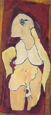 <b>Oeil bleu</b><br>50.5x115cm (19.88x45.28 in)<br>Huile et collage / papier / bois<br>Oil and bonding / paper / wood<br><br>$700<br>2001/9