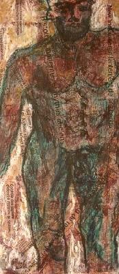 <b>Homme</b><br>50.5x115cm (19.88x45.28 in)<br>Huile et collage / papier / bois<br>Oil and bonding / paper / wood<br><br>$700<br>2002/1
