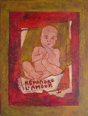 <b>Répandre l'amour</b><br>30.5x41cm (12.01x16.14 in)<br>Huile et collage / papier / bois<br>Oil and bonding / paper / wood<br><br>$Vendu<br>2002/5