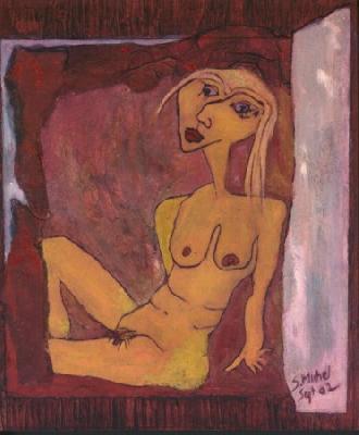 <b>Miss au rideau</b><br>20.5x24cm (8.07x9.45 in)<br>Huile et collage / papier / bois<br>Oil and bonding / paper / wood<br><br>$250<br>2002/9