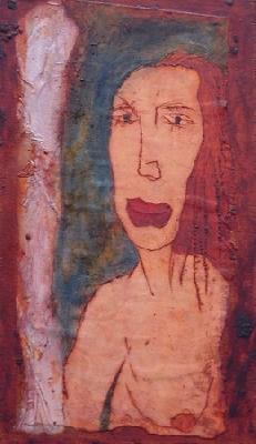 <b>Portrait de femme I</b><br>26x30cm (10.24x11.81 in)<br>Huile et collage / papier / bois<br>Oil and bonding / paper / wood<br><br>$Vendu<br>2002/9