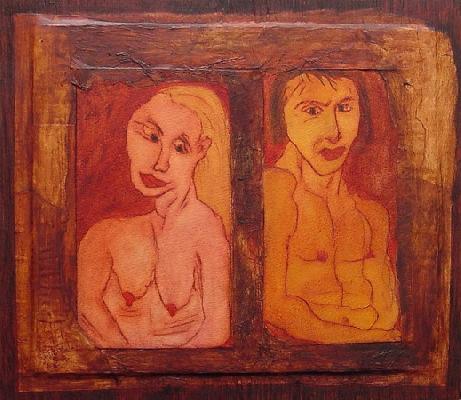 <b>Mise en scène amoureuse</b><br>46x40cm (18.11x15.75 in)<br>Huile et collage / papier / bois<br>Oil and bonding / paper / wood<br><br>$275<br>2002/9