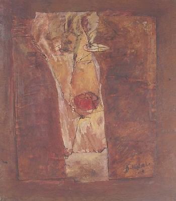 <b>Songe</b><br>43x38cm (16.93x14.96 in)<br>Huile et collage / papier / bois<br>Oil and bonding / paper / wood<br><br>$450<br>2004