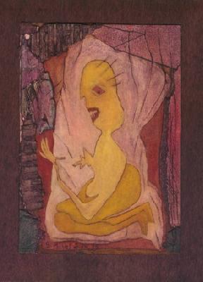 <b>Cachexie</b><br>24x26cm (9.45x10.24 in)<br>Huile et collage / papier / bois<br>Oil and bonding / paper / wood<br><br>$250<br>1995/6