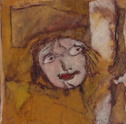 <b>Regard en coin</b><br>20x20cm (7.87x7.87 in)<br>Huile et collage / papier / toile<br>Oil and bonding / paper / canvas<br><br>$130<br>2004