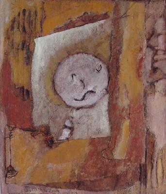<b>Lune</b><br>20.5x24cm (8.07x9.45 in)<br>Huile et collage / papier / bois<br>Oil and bonding / paper / wood<br><br>$130<br>2004