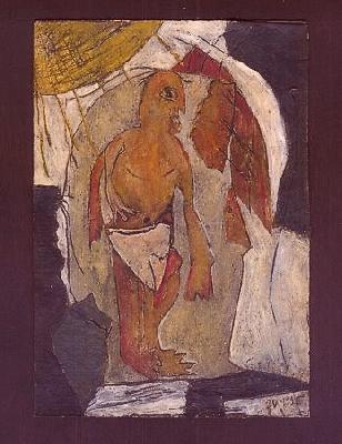 <b>Cro-magnus</b><br>24x26cm (9.45x10.24 in)<br>Huile et collage / papier / bois<br>Oil and bonding / paper / wood<br><br>$250<br>1995/1